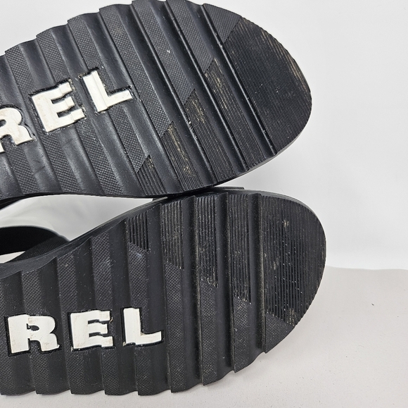 Sorel Sandels Womens Sz 7 Ella II Black Leather Flat Elastic Gore Ankle Strap - Picture 8 of 11